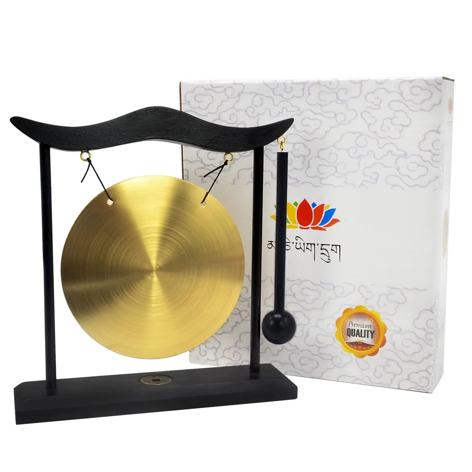 Feng Shui Brass Gong Desktop Zen Art with Wooden Stand & Red String Bracelet | 20cm (8in) Height - view 5