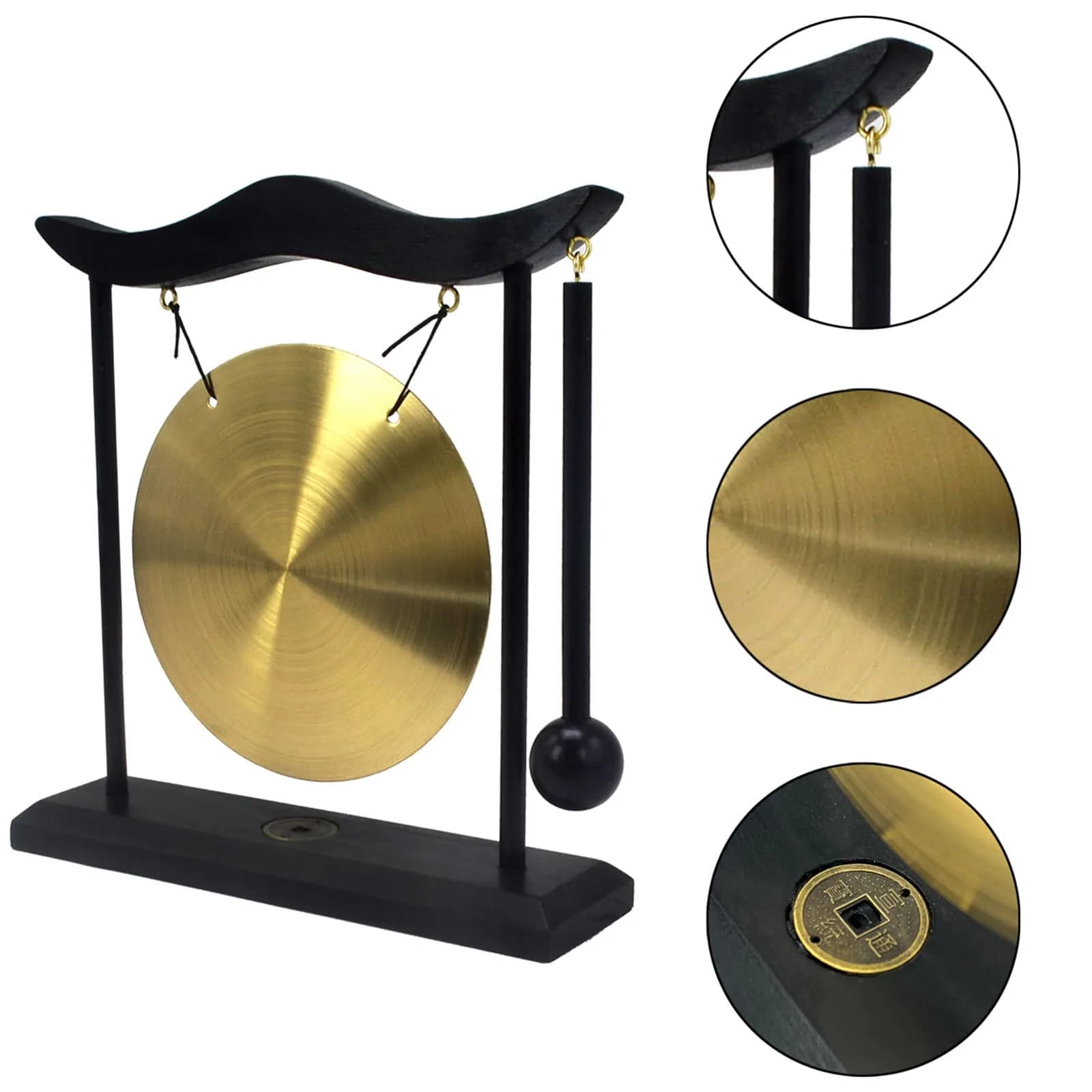 Feng Shui Brass Gong Desktop Zen Art with Wooden Stand & Red String Bracelet | 20cm (8in) Height - view 6