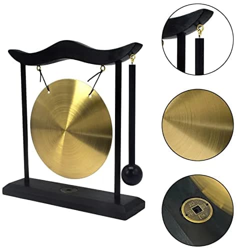 Feng Shui Brass Gong Desktop Zen Art with Wooden Stand & Red String Bracelet | 20cm (8in) Height thumbnail 6