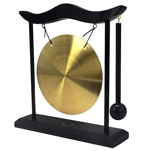 Feng Shui Brass Gong Desktop Zen Art with Wooden Stand & Red String Bracelet | 20cm (8in) Height thumbnail 7