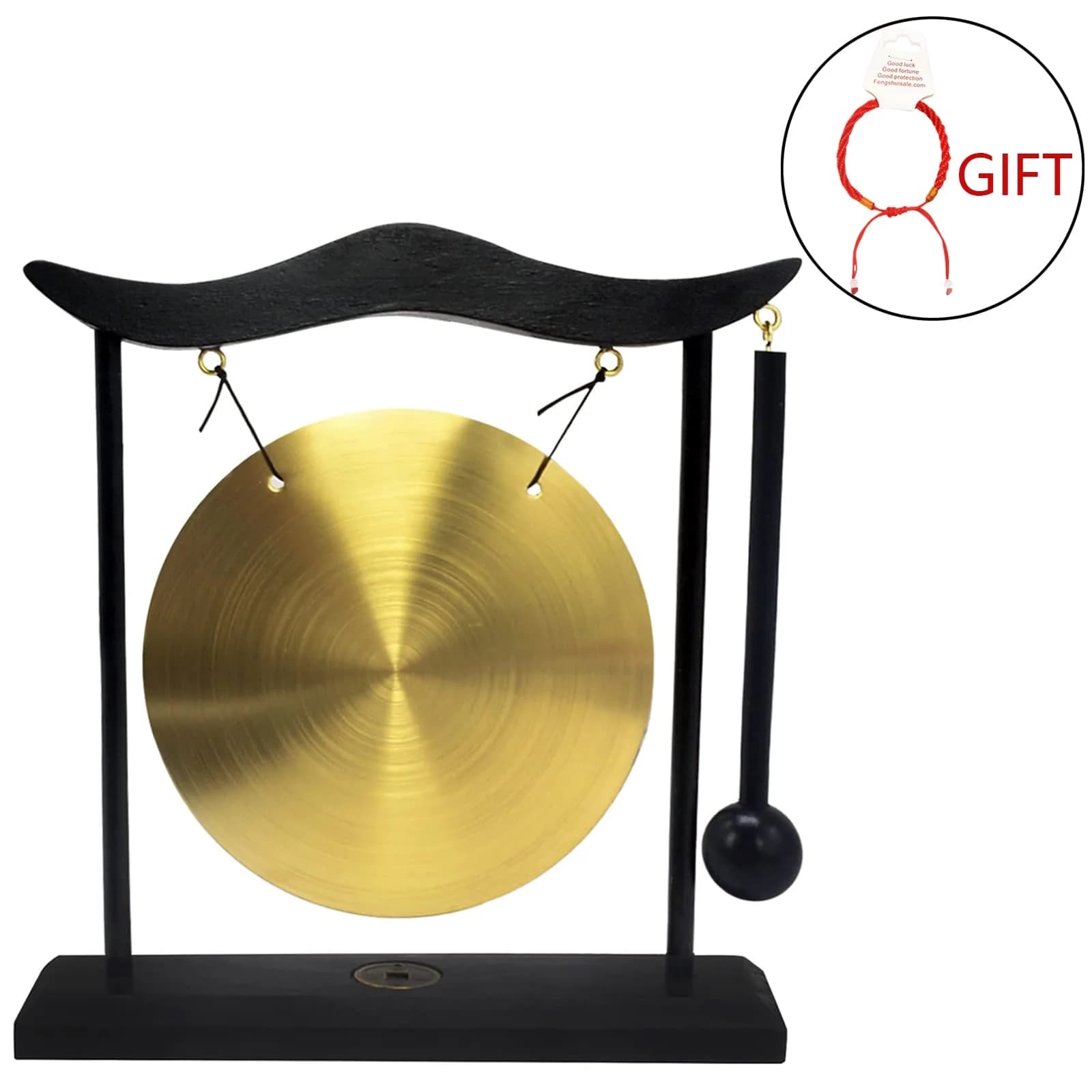 Feng Shui Brass Gong Desktop Zen Art with Wooden Stand & Red String Bracelet | 20cm (8in) Height - view 2