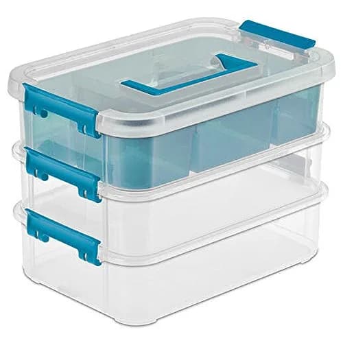Sterilite 14138606 Layer Stack & Carry Box, 10-5/8-Inch | 3-Layer Plastic Storage with Divider Tray thumbnail 1