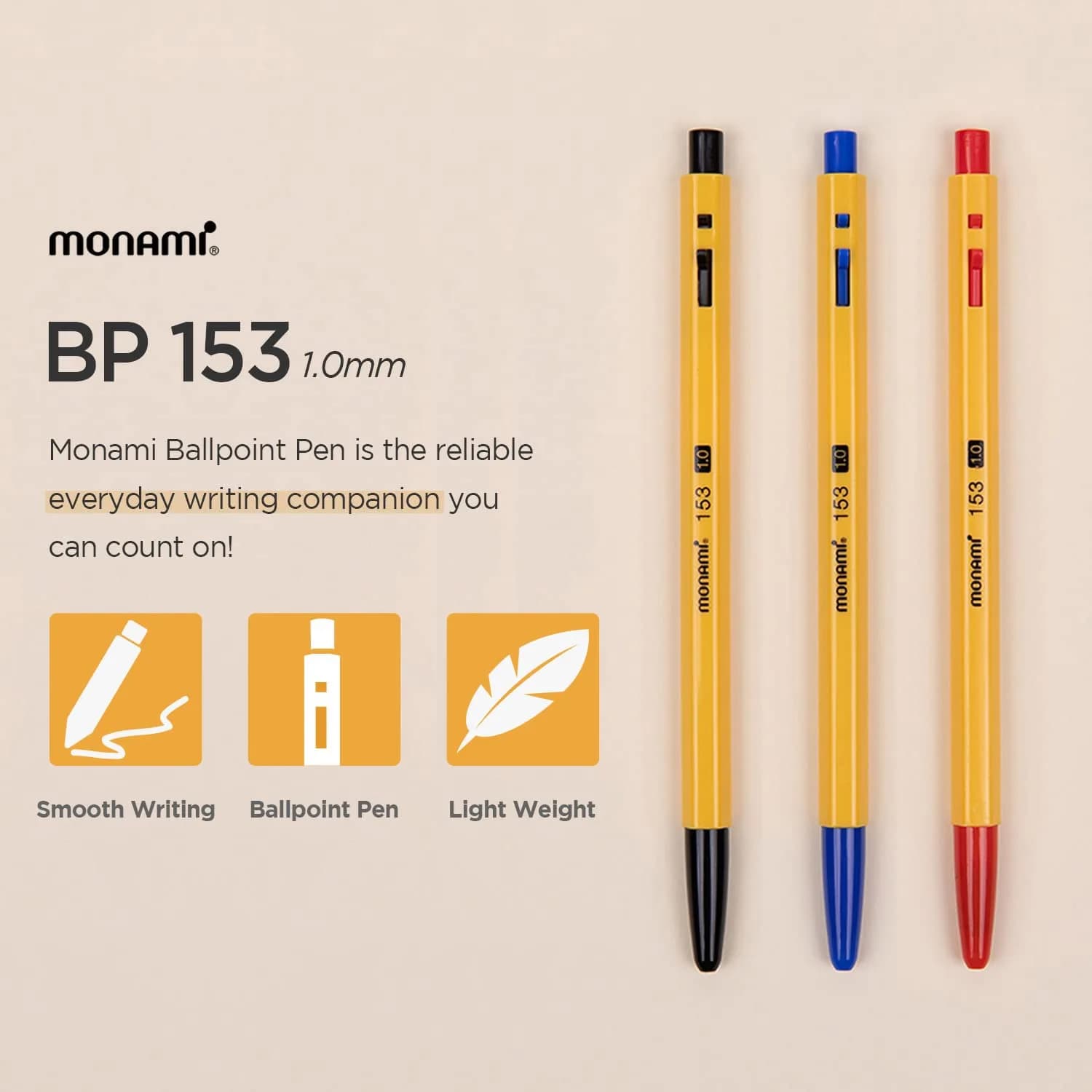 MONAMI BP 153 Retractable Ballpoint Pen, Medium Point (1.0mm), Black, 12-Count | Smooth Ink Flow - view 2