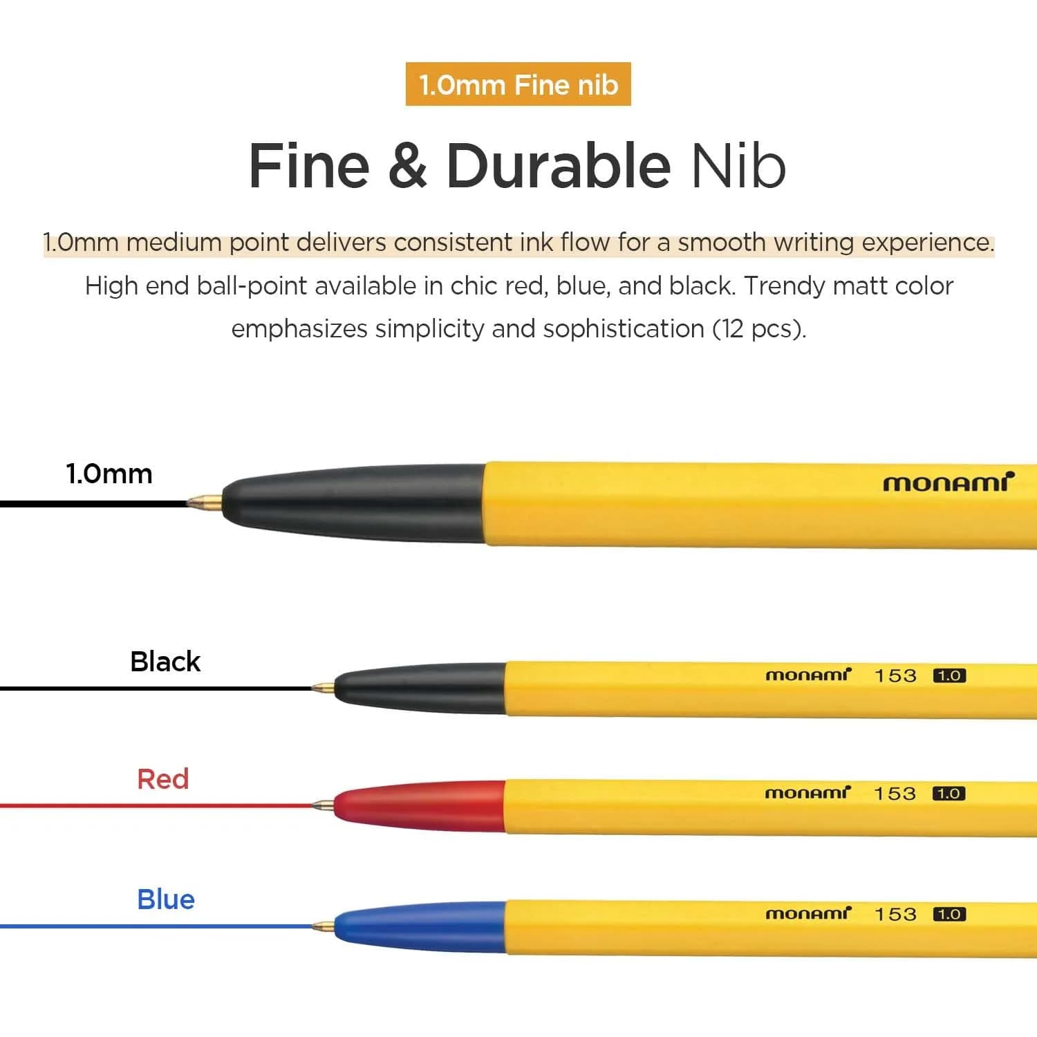MONAMI BP 153 Retractable Ballpoint Pen, Medium Point (1.0mm), Black, 12-Count | Smooth Ink Flow - view 3