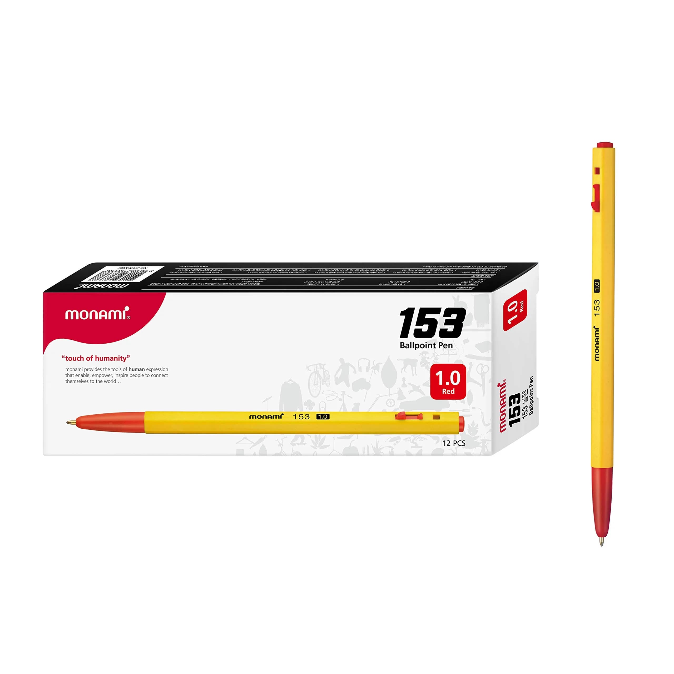 MONAMI BP 153 Retractable Ballpoint Pen, Fine Point (0.7mm), Blue, 12-Count | Smooth Ink Flow — Red