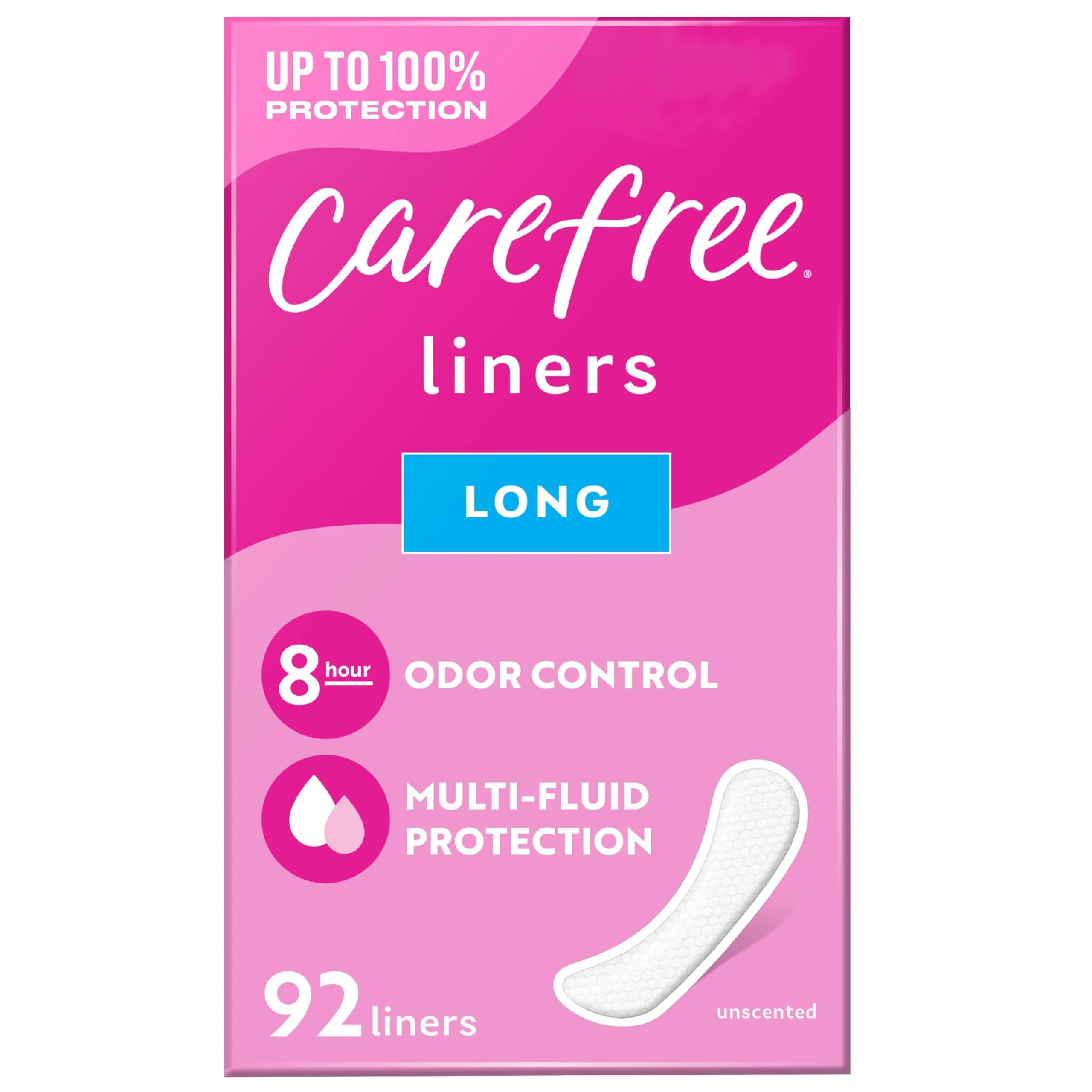 Carefree Long Unscented Panty Liners for Women (92 Count) | Odor Control & Multi-Fluid Protection - main product image
