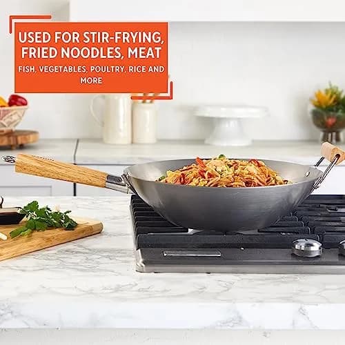 Imusa 14 Inch Carbon Steel Wok with Wood Handles | Versatile Asian Cooking Essential thumbnail 5