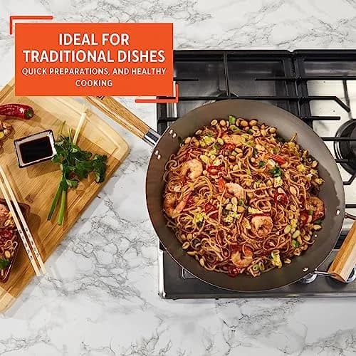 Imusa 14 Inch Carbon Steel Wok with Wood Handles | Versatile Asian Cooking Essential thumbnail 6