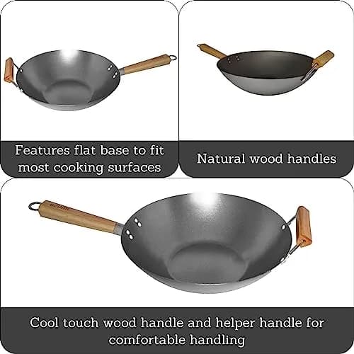 Imusa 14 Inch Carbon Steel Wok with Wood Handles | Versatile Asian Cooking Essential thumbnail 2