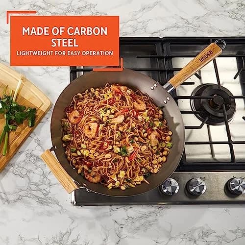 Imusa 14 Inch Carbon Steel Wok with Wood Handles | Versatile Asian Cooking Essential thumbnail 3