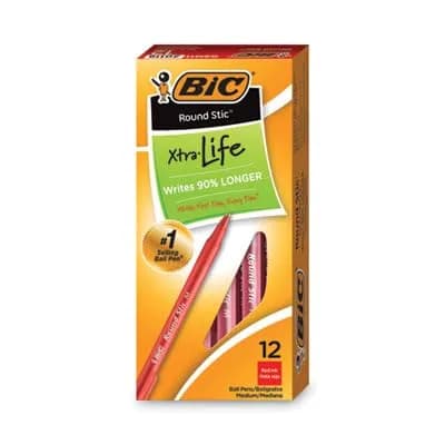 BIC Round Stic Xtra Life Ball Pen, Medium Point (1.0 mm), Red | Writes 40% Longer, Visible Ink Supply, Comfortable Grip thumbnail 1