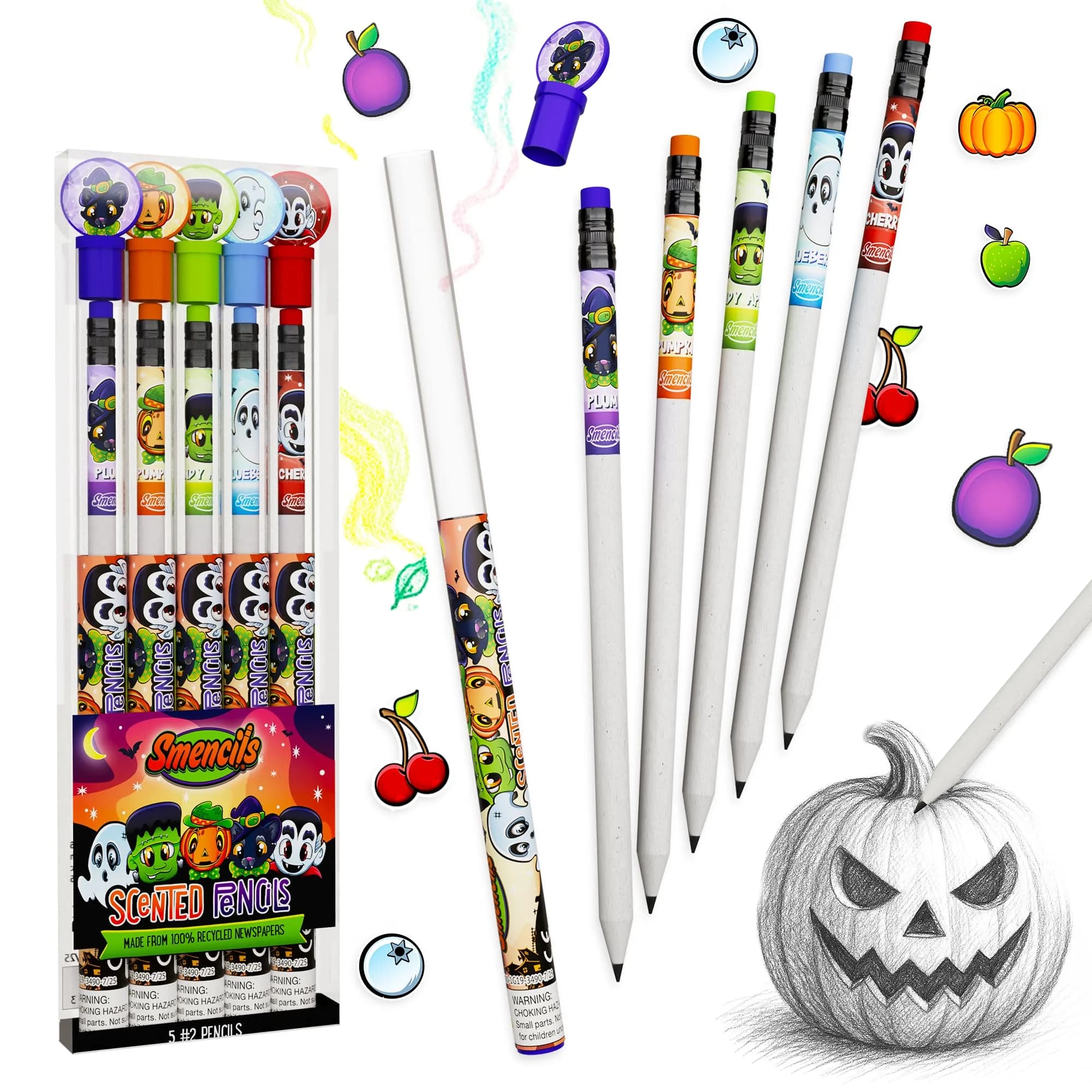 Scentco Halloween Smencils HB #2 Patented Gourmet Scented Pencils 5 Count | Recycled Newspaper Pencils with Collectible Character Caps — Halloween