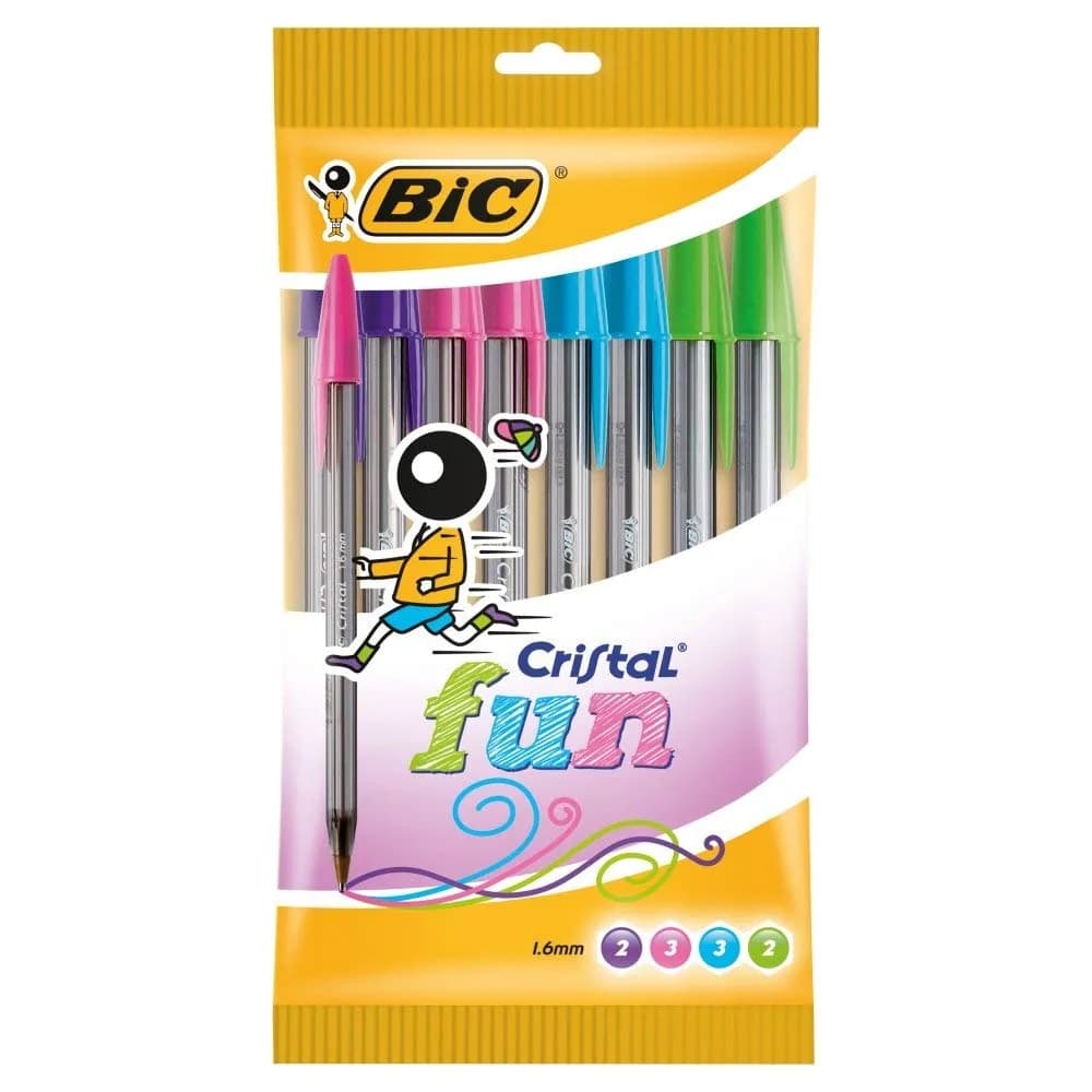 BIC Cristal Fun Ballpoint Pens with 5 Assorted Ink Colours | Wide 1.6mm Point, Pack of 10 for Bright, Flawless Writing — Assorted