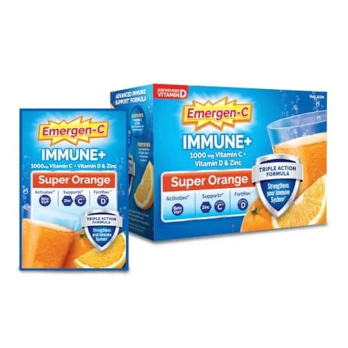 Emergen-C Immune+ Triple Action Immune Support Powder Super Orange 30 Count (9.9oz/280g) | 1000mg Vitamin C, BetaVia, Vitamin D — 9.9 Ounce
