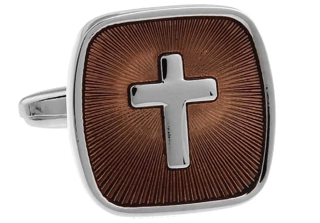 MRCUFF Cross Square Brown Christian Pair Cufflinks in a Presentation Gift Box & Polishing Cloth | Religious Design, Classic Style