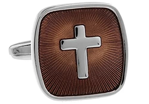 MRCUFF Cross Square Brown Christian Pair Cufflinks in a Presentation Gift Box & Polishing Cloth | Religious Design, Classic Style thumbnail 1