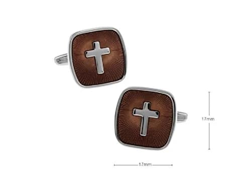 MRCUFF Cross Square Brown Christian Pair Cufflinks in a Presentation Gift Box & Polishing Cloth | Religious Design, Classic Style thumbnail 2