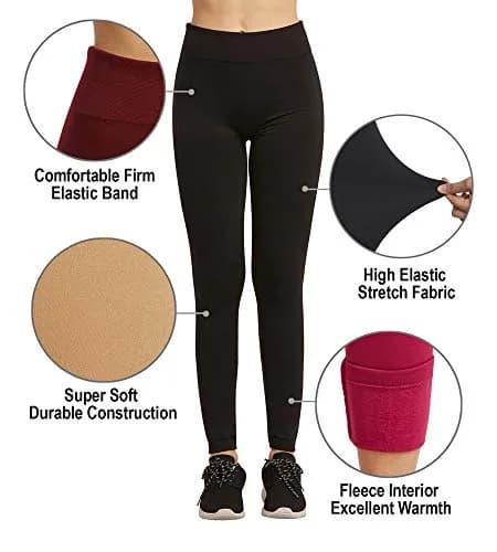 MOPAS Women's Fleece Lined Solid Color Full Length Leggings-Burgundy | Cozy Warmth & Flattering Fit thumbnail 5