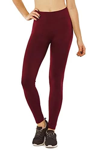 MOPAS Women's Fleece Lined Solid Color Full Length Leggings-Burgundy | Cozy Warmth & Flattering Fit thumbnail 3