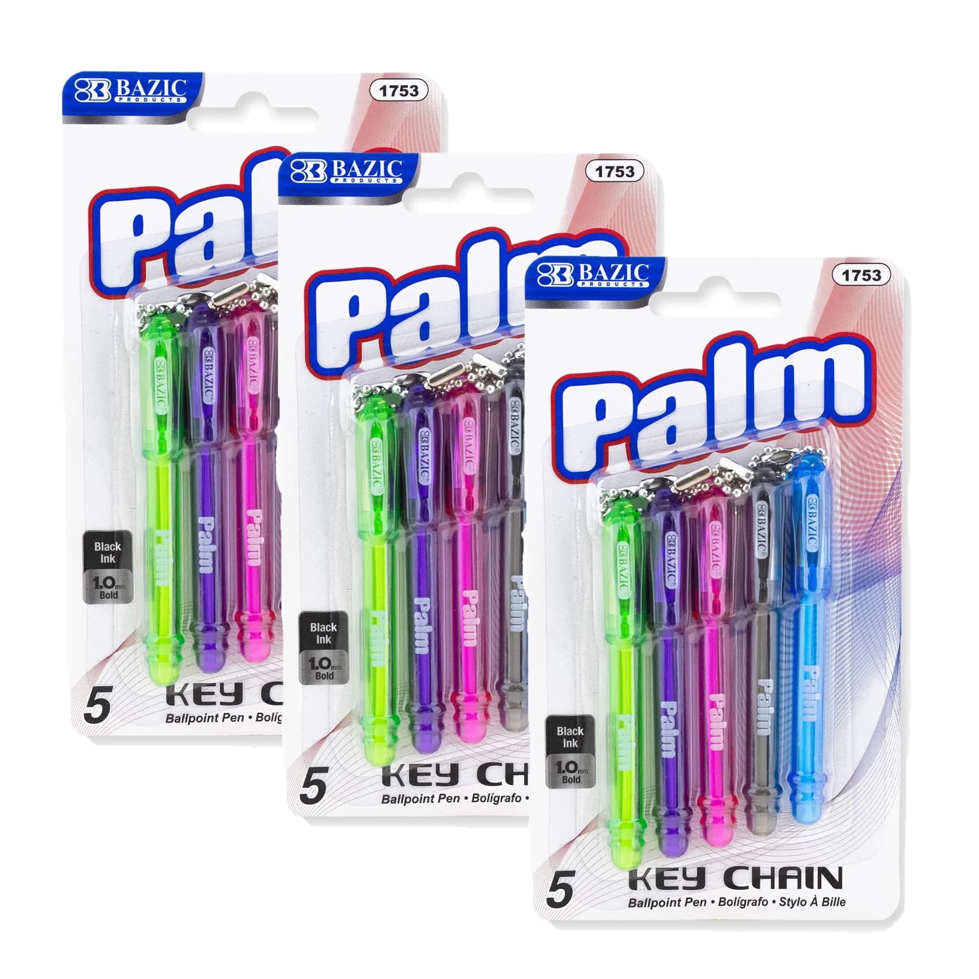 BAZIC PRODUCTS Palm Ballpoint Pens, Key Chain, Black Ink, 5 Ct, 3-Pack | Compact, Refillable, Smooth Ink