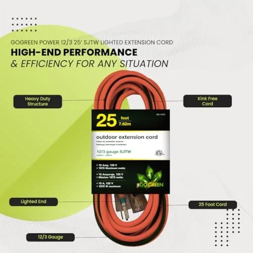 GoGreen Power GG-14025 7.62 m (25 ft) Contractor Grade SJTW Outdoor Extension Cord with Lighted End | Heavy Duty 15 Amp, 125 Volt thumbnail 5