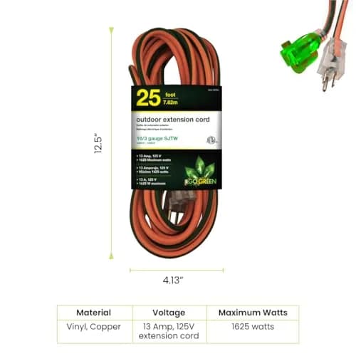 GoGreen Power GG-13725 25 ft (7.62 m) Outdoor Extension Cord with Lighted End | Heavy Duty Contractor Grade 16/3 SJTW thumbnail 2