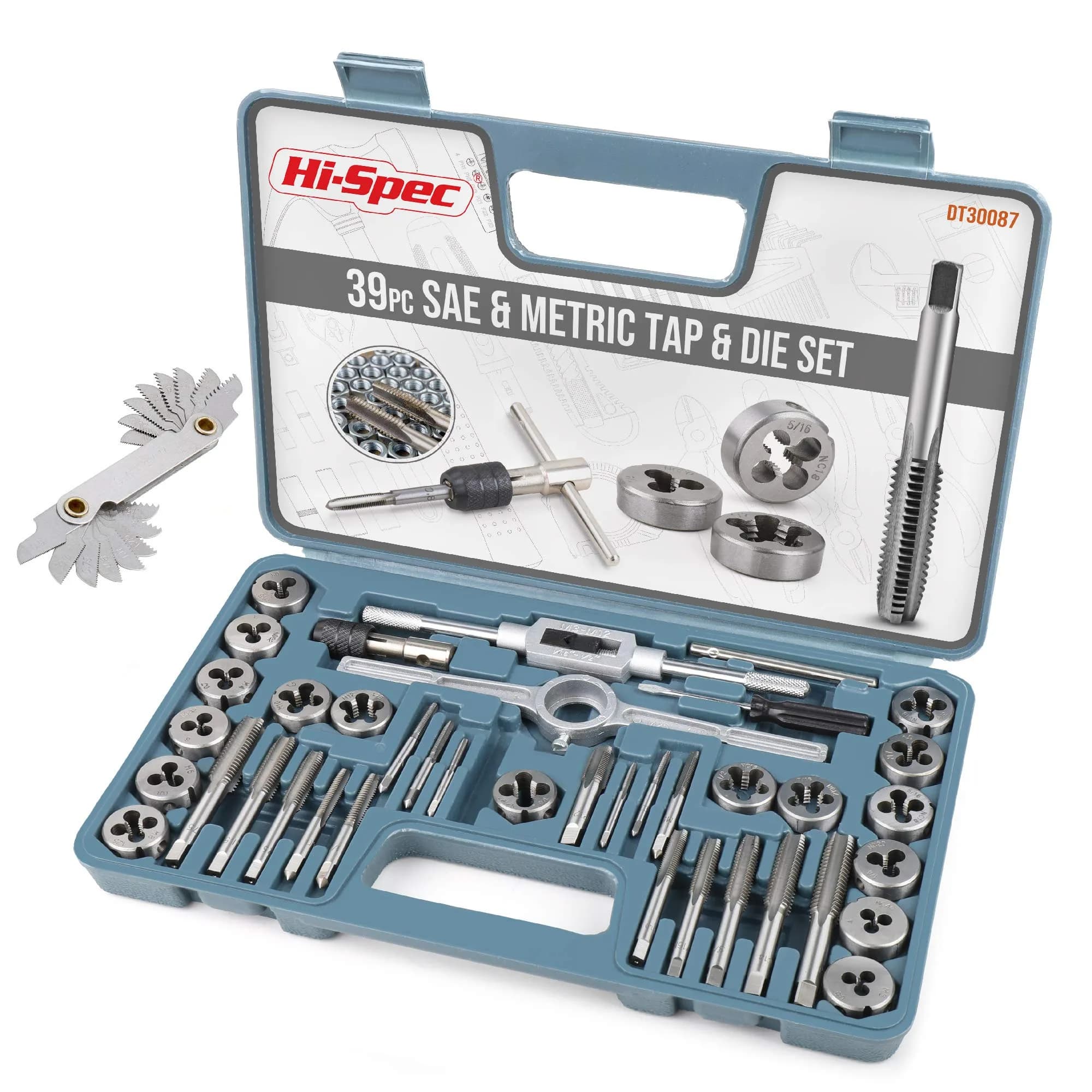 Hi-Spec 39 Piece SAE & Metric Tap & Die Set with Screw Pitch Gauge | Cut, Chase & Thread Metals — 39 Piece SAE & Metric
