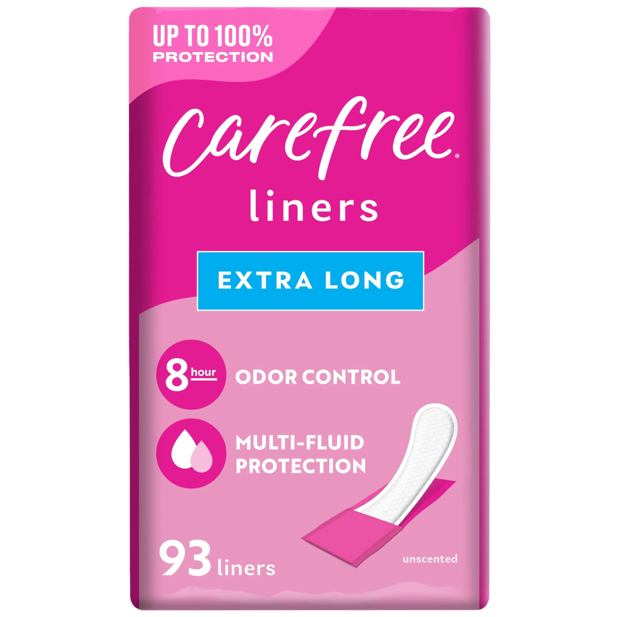 Carefree Extra Long Panty Liners Wrapped Unscented, 93 Count | Daily Feminine Protection for Light Periods and Leaks - main product image