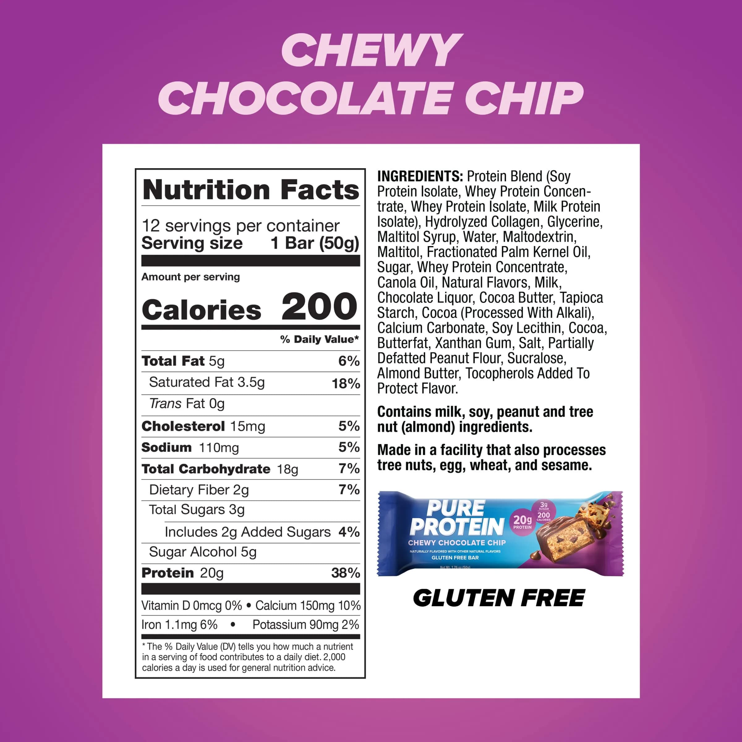 Pure Protein Chewy Chocolate Chip Protein Bars, 12 Count | 20g Protein Snack Food Bar - view 3