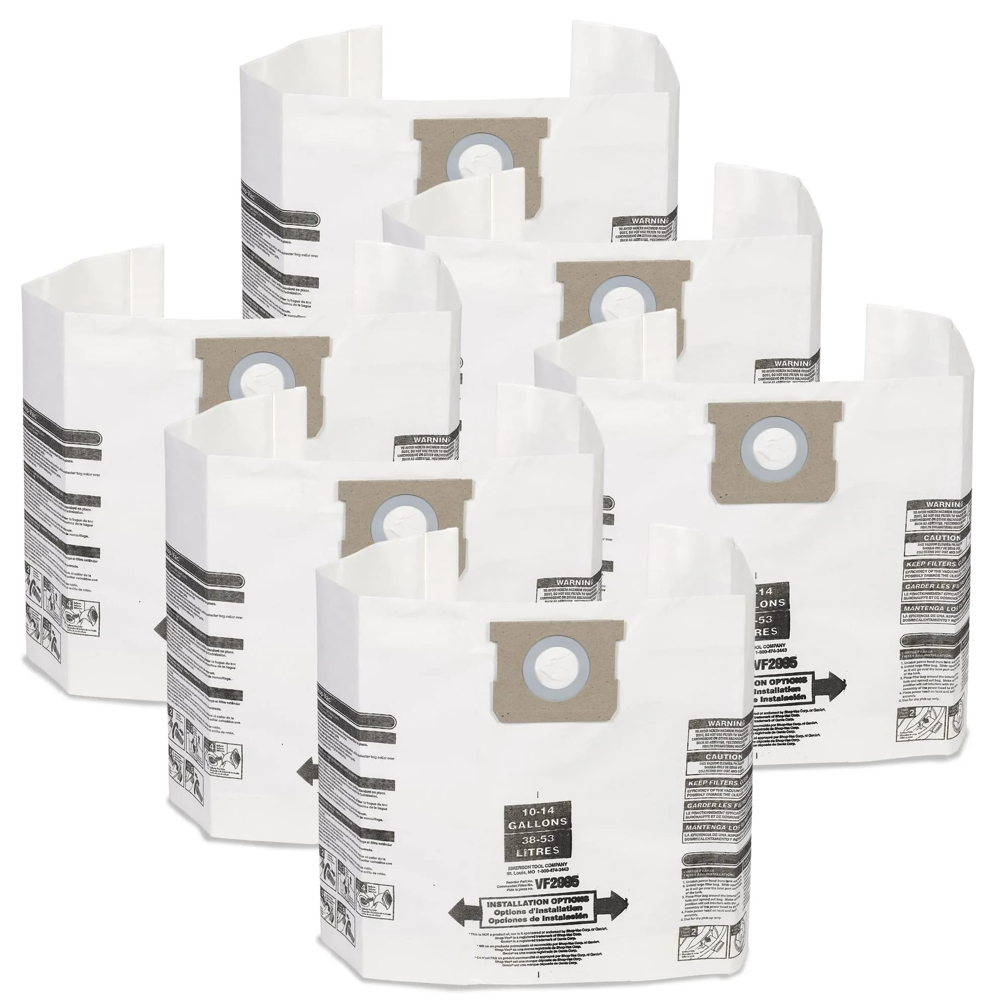 MULTI FIT VF2005TP 10-14 Gal. Wet Dry Shop Vacuum Dust Collection Bags | 6-Pack for Dry Use
