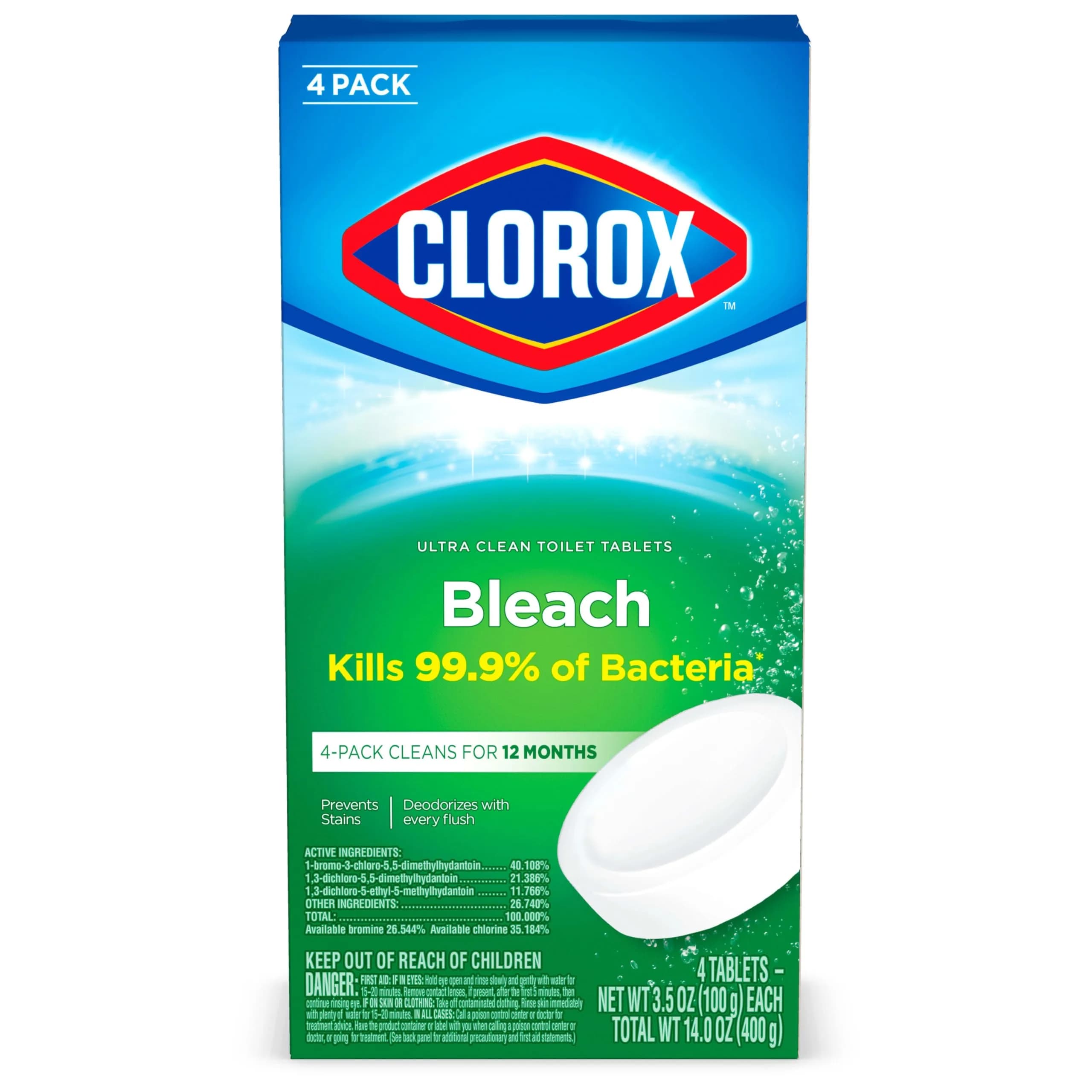Clorox Ultra Clean Toilet Tablets Bleach 4 Count | Kills 99.9% of Bacteria & Prevents Stains - main product image