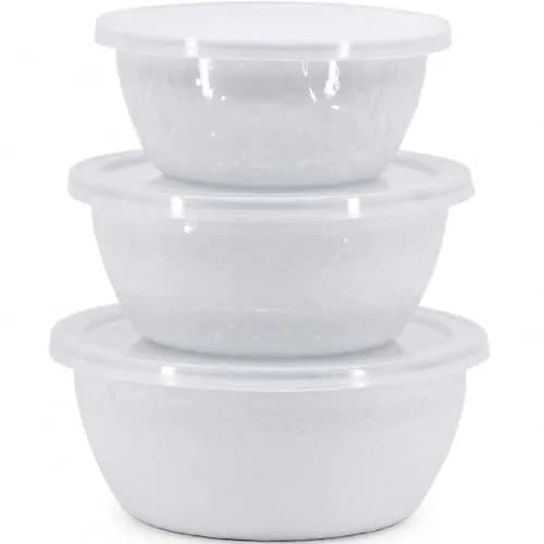 Golden Rabbit Enamelware Nesting Storage Bowls with Lids | White Set of 3 for Kitchen & Serving thumbnail 1