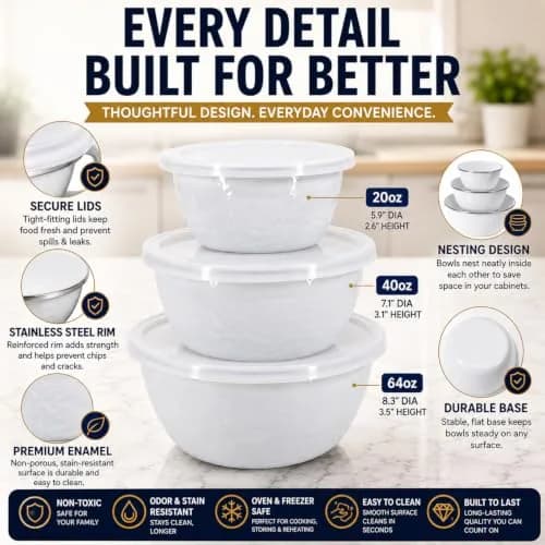 Golden Rabbit Enamelware Nesting Storage Bowls with Lids | White Set of 3 for Kitchen & Serving thumbnail 4