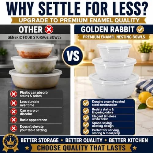 Golden Rabbit Enamelware Nesting Storage Bowls with Lids | White Set of 3 for Kitchen & Serving thumbnail 5