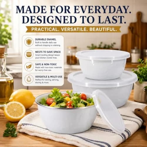 Golden Rabbit Enamelware Nesting Storage Bowls with Lids | White Set of 3 for Kitchen & Serving thumbnail 2
