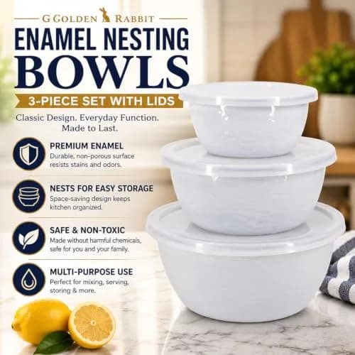 Golden Rabbit Enamelware Nesting Storage Bowls with Lids | White Set of 3 for Kitchen & Serving thumbnail 3