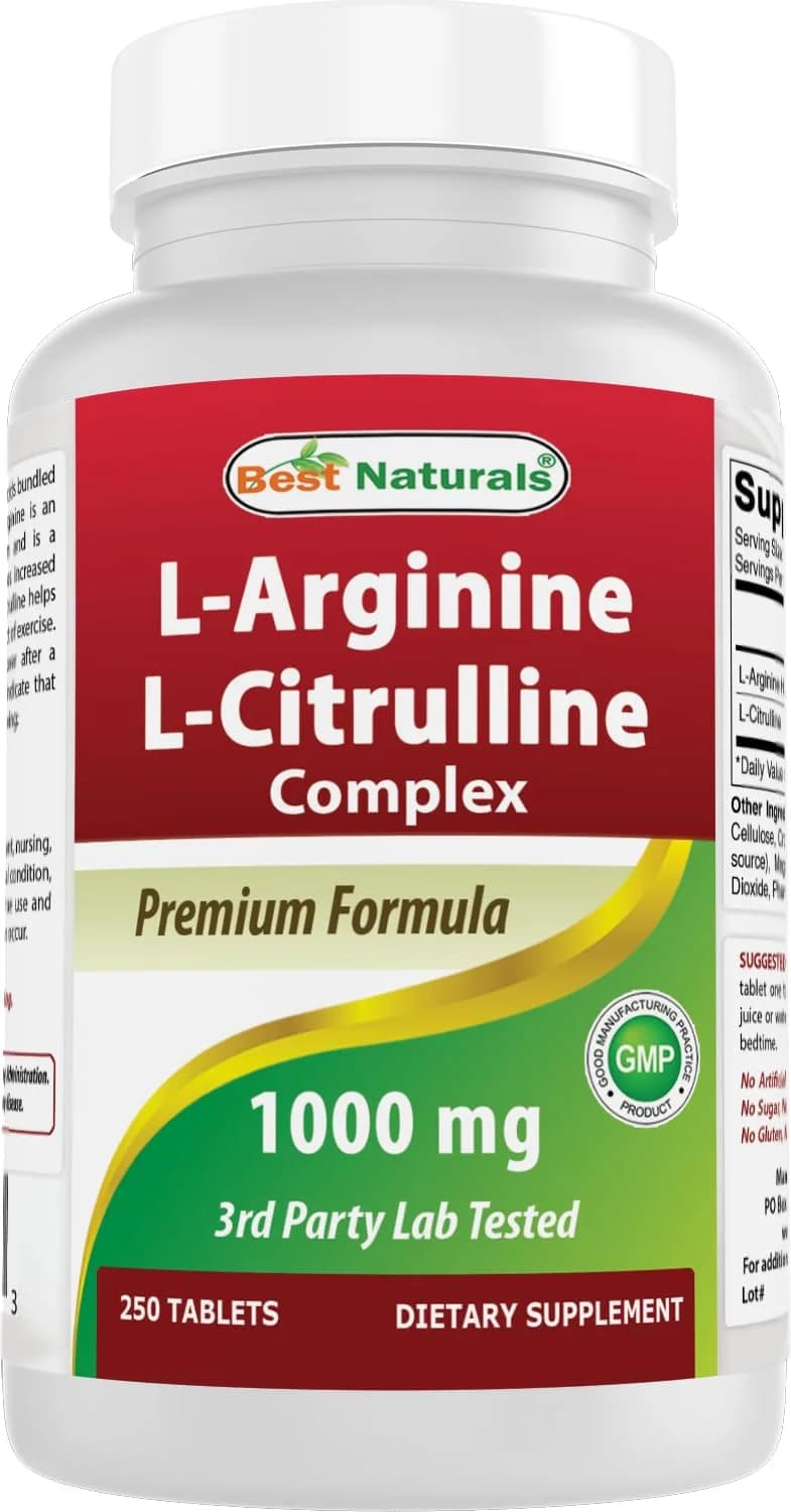 Best Naturals L-Arginine L-Citrulline Complex Tablets 250 Count | 1000mg Per Tablet, 3rd Party Tested — No Color