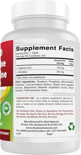 Best Naturals L-Arginine L-Citrulline Complex Tablets 250 Count | 1000mg Per Tablet, 3rd Party Tested thumbnail 6