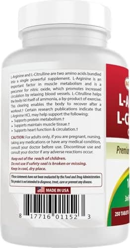 Best Naturals L-Arginine L-Citrulline Complex Tablets 250 Count | 1000mg Per Tablet, 3rd Party Tested thumbnail 7