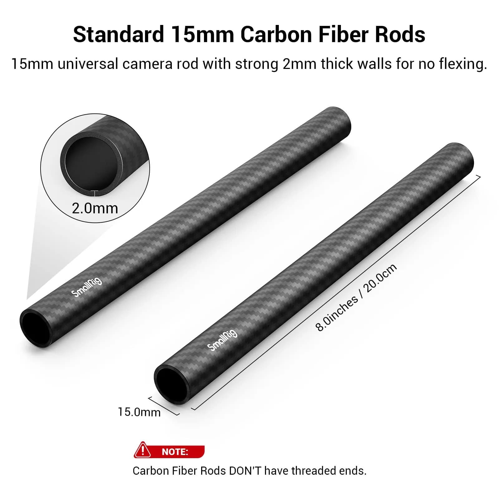 SMALLRIG 15mm Carbon Fiber Rod (Non-Thread), 20cm (8") Long, Pack of 2 | Lightweight & Rigid Camera Support - view 2