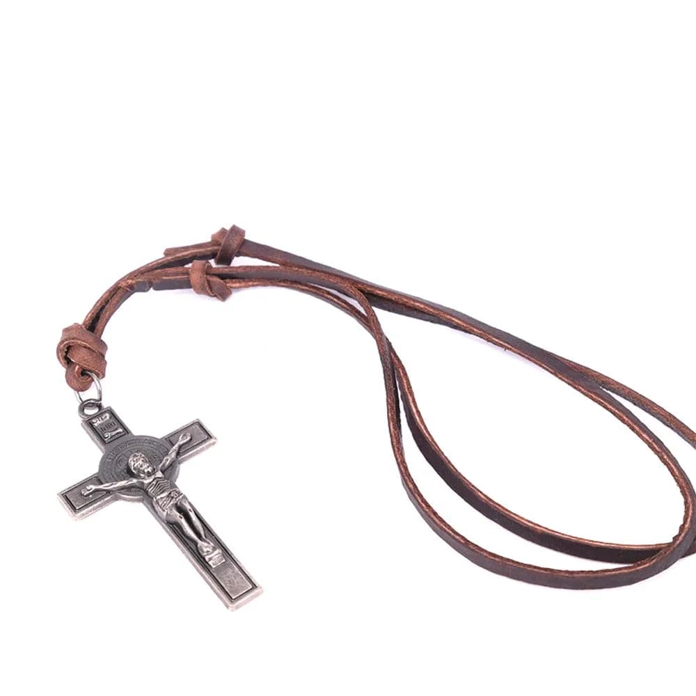 jonline24h Jesus Crucifixion Cross Pendant Necklace Leather Cord | Vintage Style Religious Jewelry — Black