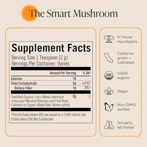 OM Mushroom Superfood Organic Lion's Mane Mushroom Powder 100g (3.5 oz) | Nootropic for Focus & Memory thumbnail 7