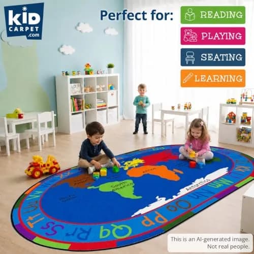 KIDCARPET.COM All Around The World Map Rug, 6' x 8'6" Oval | Educational Kids Rug for Classroom & Playroom thumbnail 3