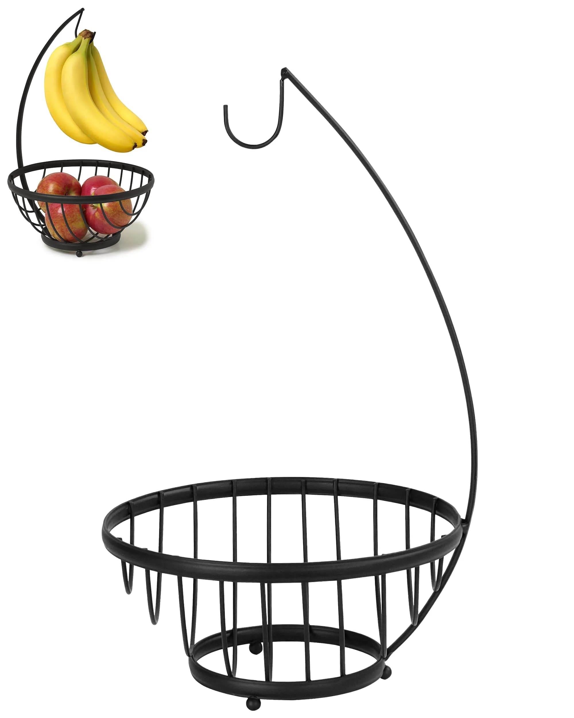 Spectrum Ashley Small Fruit Basket with Banana Hanger Hook, Black | Compact Steel Organizer for Fruits & Snacks