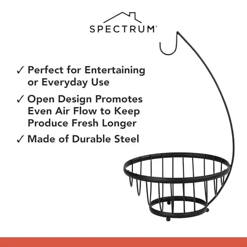 Spectrum Ashley Small Fruit Basket with Banana Hanger Hook, Black | Compact Steel Organizer for Fruits & Snacks thumbnail 4