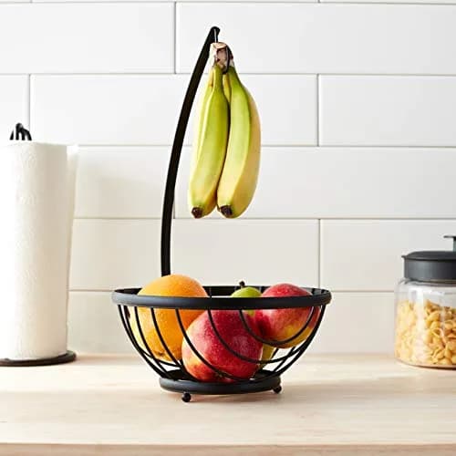 Spectrum Ashley Small Fruit Basket with Banana Hanger Hook, Black | Compact Steel Organizer for Fruits & Snacks thumbnail 2