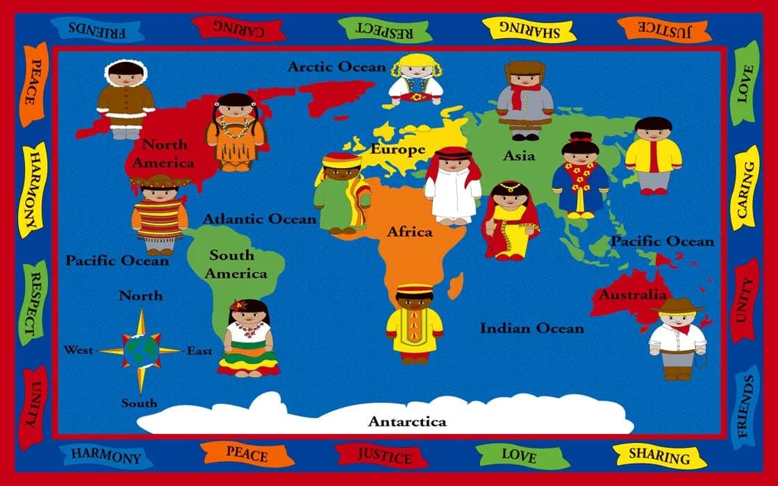 KIDCARPET.COM World of Peace Globe Map Classroom Rug | Geography Learning Carpet for Preschool & Elementary, 6' x 8'6"