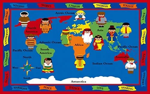 KIDCARPET.COM World of Peace Globe Map Classroom Rug | Geography Learning Carpet for Preschool & Elementary, 6' x 8'6" thumbnail 1