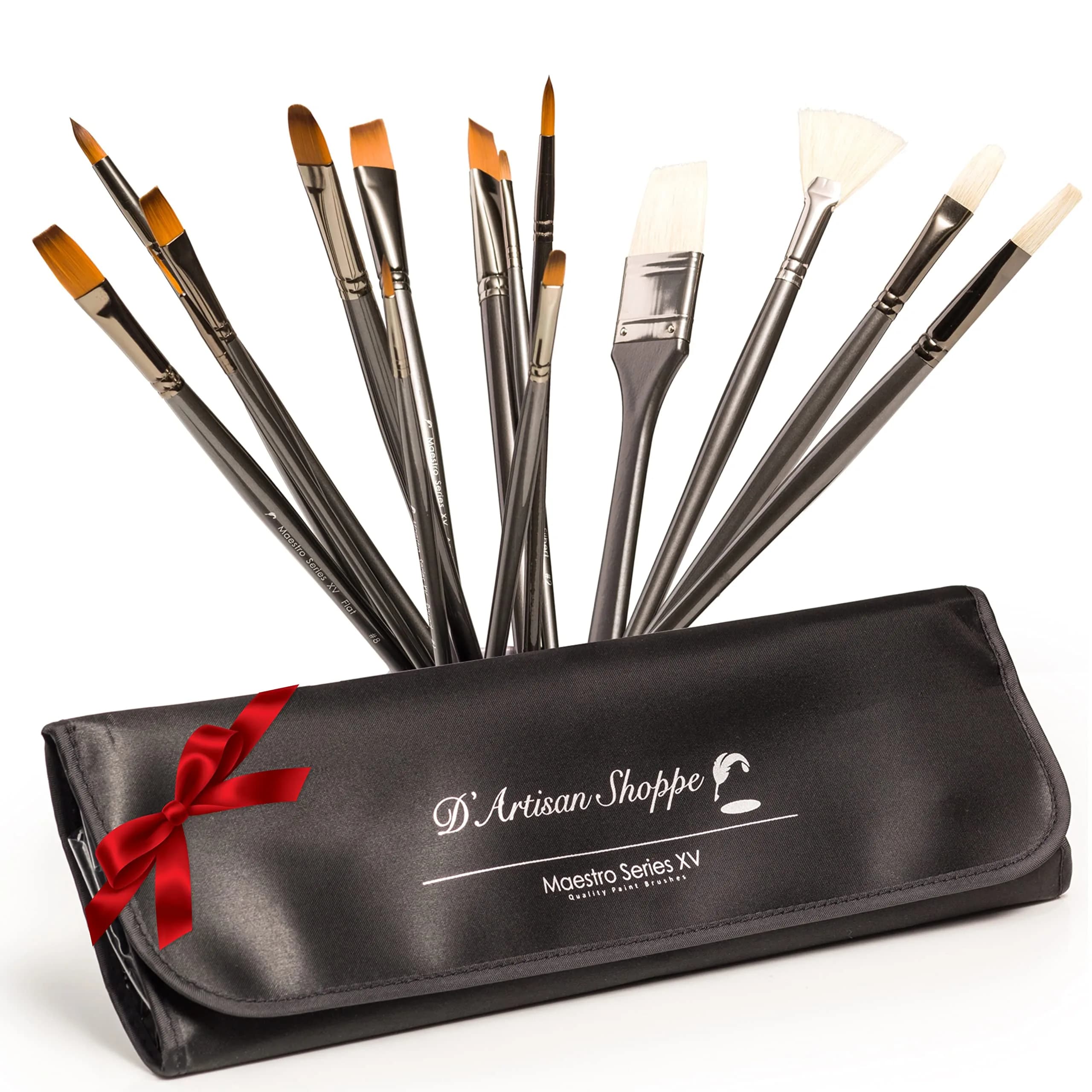 D'Artisan Shoppe Paint Brushes Maestro Series XV 15-piece Long Handle Set | Professional Acrylic Oil Watercolor — Gray