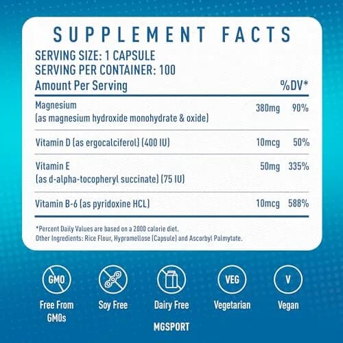 MgSport 100 Magnesium Supplement | Supports Muscles & Sleep, 100 Capsules, Unflavored thumbnail 6